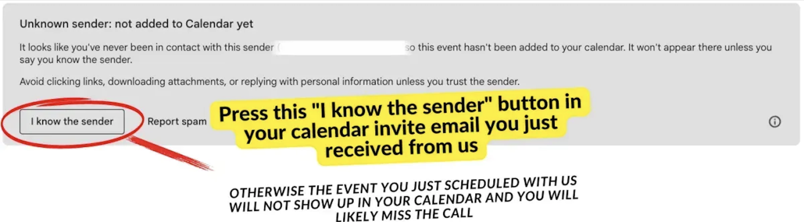 Email notice with the I know the sender button circled